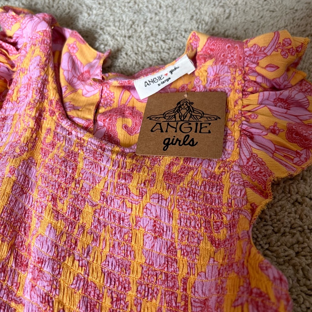 Angie Girls Pink and Yellow Smocked Ruffle Dress